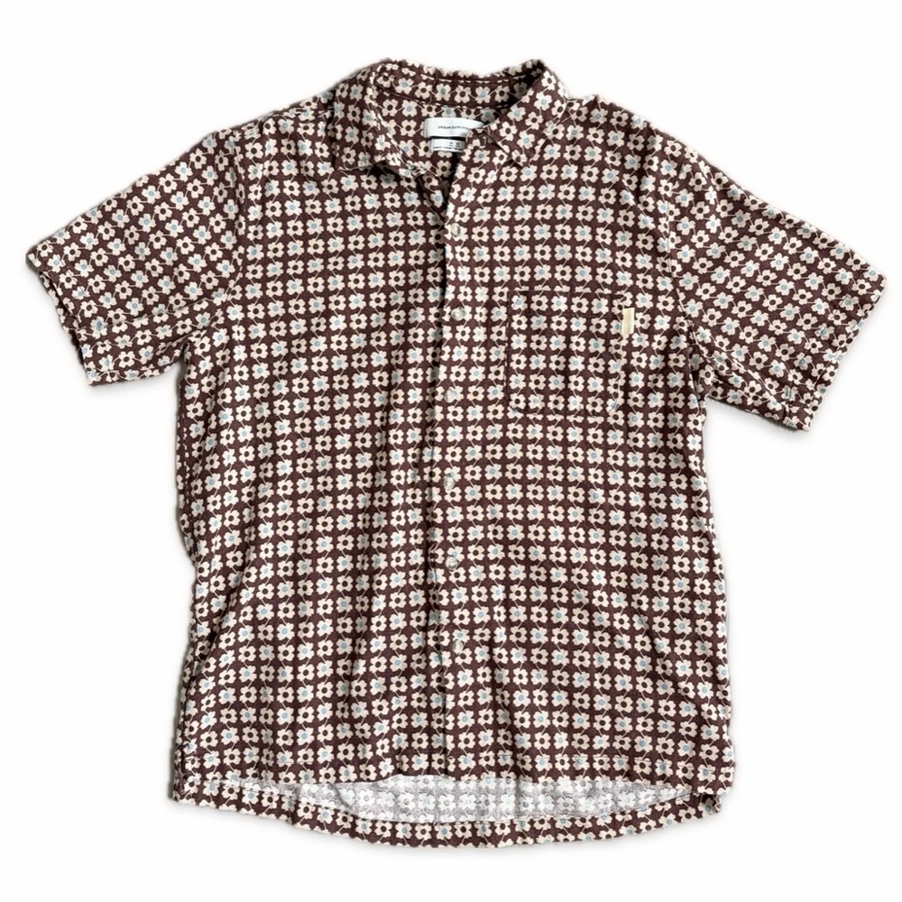 Urban Outfitters Linen Short Sleeve Button Up Shirt Brown Floral Men’s M 70s